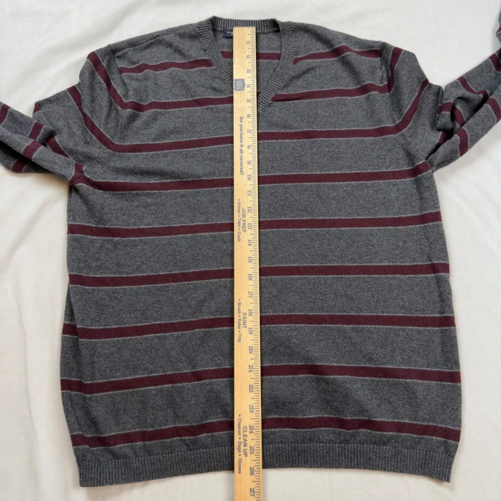 Banana Republic Mens L Cotton Cashmere V-Neck Striped‎ Sweater Grey Burgundy